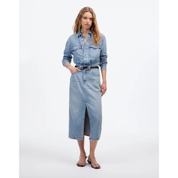 MADEWELL Denim Midi Shirtdress 8 Altoona Wash Blue Jean Slit Button Up B2 - Picture 1 of 6